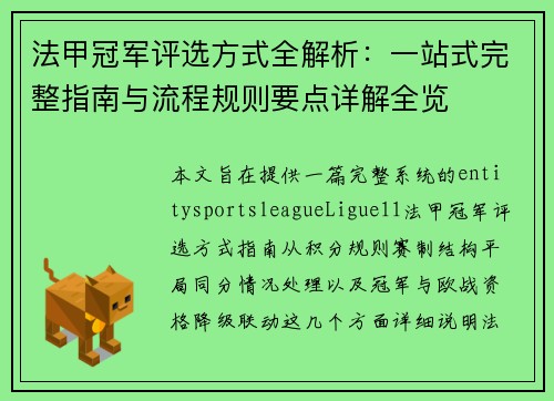 法甲冠军评选方式全解析：一站式完整指南与流程规则要点详解全览