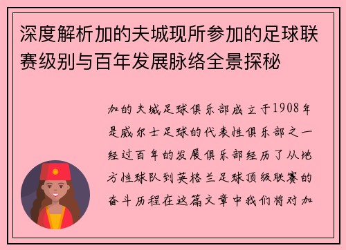 深度解析加的夫城现所参加的足球联赛级别与百年发展脉络全景探秘