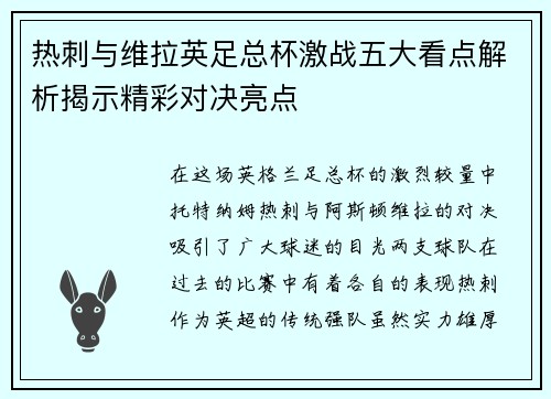 热刺与维拉英足总杯激战五大看点解析揭示精彩对决亮点