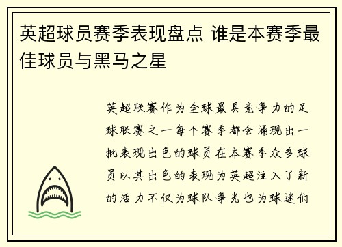 英超球员赛季表现盘点 谁是本赛季最佳球员与黑马之星