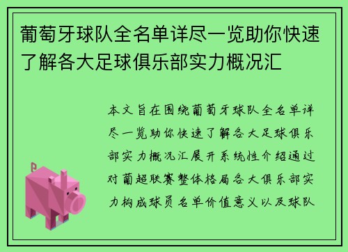 葡萄牙球队全名单详尽一览助你快速了解各大足球俱乐部实力概况汇