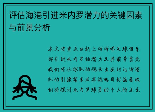 评估海港引进米内罗潜力的关键因素与前景分析